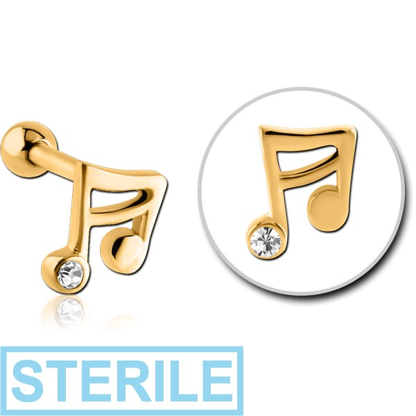 STERILE GOLD PVD COATED SURGICAL STEEL JEWELLED TRAGUS MICRO BARBELL - MUSIC NOTE