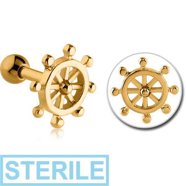 STERILE GOLD PVD COATED SURGICAL STEEL TRAGUS MICRO BARBELL - SHIP WHEEL