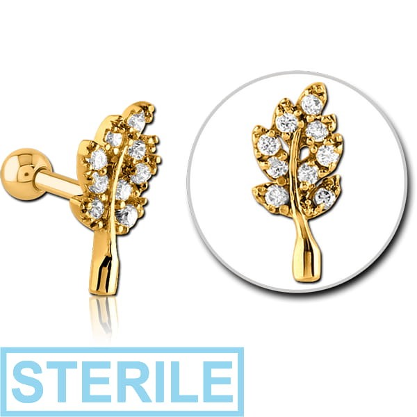 STERILE GOLD PVD COATED SURGICAL STEEL LEAF JEWELLED TRAGUS MICRO BARBELL - LEAF
