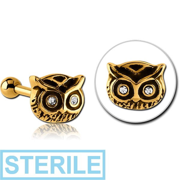 STERILE GOLD PVD COATED SURGICAL STEEL JEWELLED TRAGUS MICRO BARBELL - OWL