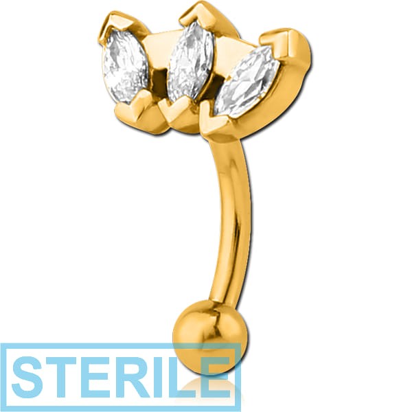 STERILE GOLD PVD COATED SURGICAL STEEL JEWELLED FANCY CURVED MICRO BARBELL - TRIPLE GEM