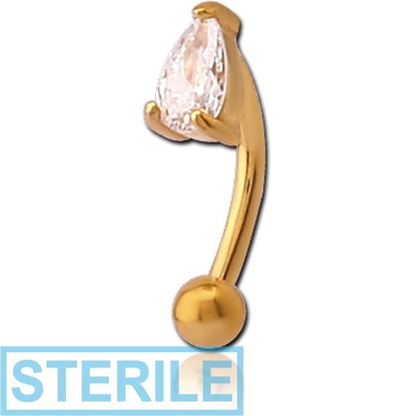 STERILE GOLD PVD COATED SURGICAL STEEL JEWELLED CURVED MICRO BARBELL - TEAR DROP