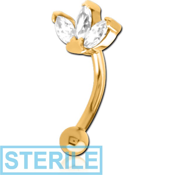 STERILE GOLD PVD COATED SURGICAL STEEL JEWELLED FANCY CURVED MICRO BARBELL - TRIPLE GEM CURVE