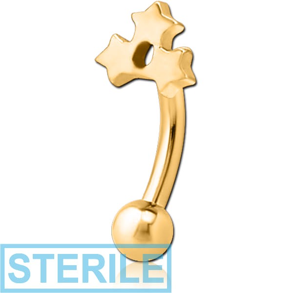 STERILE GOLD PVD COATED SURGICAL STEEL FANCY CURVED MICRO BARBELL - TRIPLE STAR