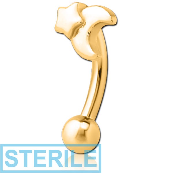 STERILE GOLD PVD COATED SURGICAL STEEL FANCY CURVED MICRO BARBELL - CRESCENT AND STAR