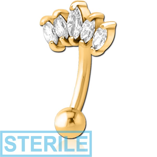 STERILE GOLD PVD COATED SURGICAL STEEL JEWELLED FANCY CURVED MICRO BARBELL - FIVE GEMS
