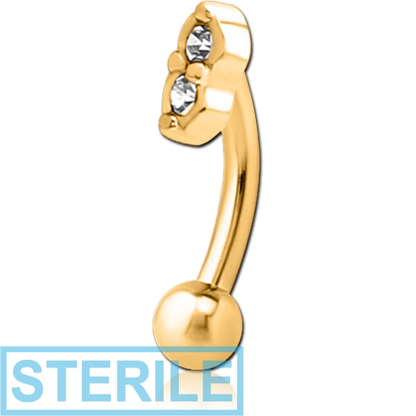 STERILE GOLD PVD COATED SURGICAL STEEL JEWELLED FANCY CURVED MICRO BARBELL - TWO GEMS EYES