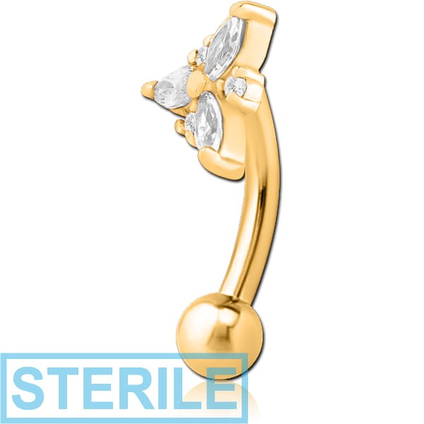 STERILE GOLD PVD COATED SURGICAL STEEL JEWELLED FANCY CURVED MICRO BARBELL - TRINITY