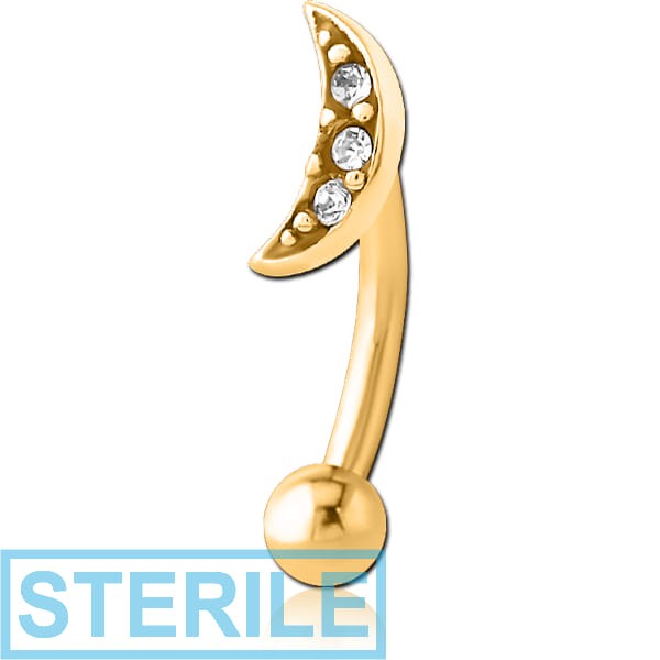 STERILE GOLD PVD COATED SURGICAL STEEL JEWELLED FANCY CURVED MICRO BARBELL - CRESCENT 3 GEMS