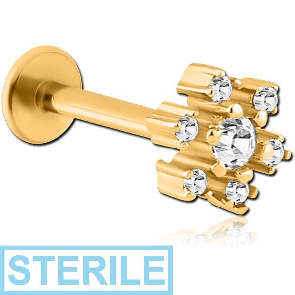 STERILE GOLD PVD COATED SURGICAL STEEL MICRO LABRET WITH JEWELLED ATTACHMENT - FLOWER