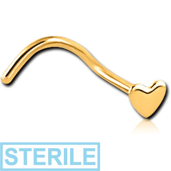 STERILE GOLD PVD COATED SURGICAL STEEL HEART CURVED NOSE STUD