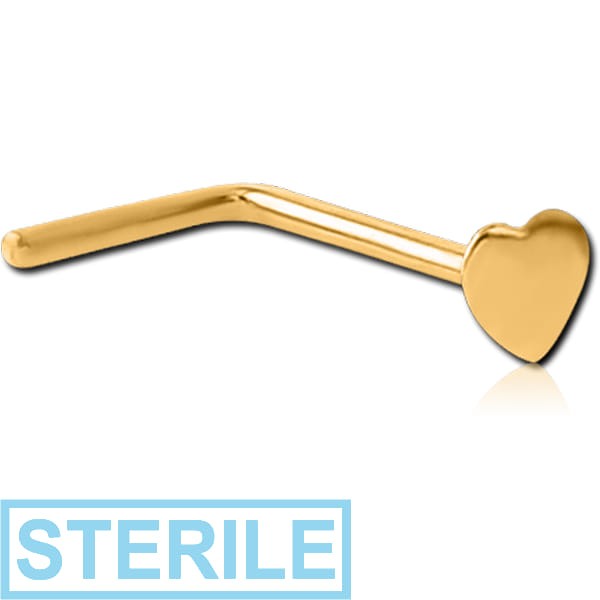 STERILE STERLING SILVER 925 GOLD PVD COATED 90 DEGREE HEART NOSE STUD
