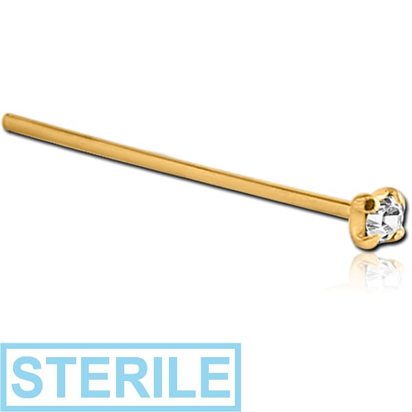 STERILE STERLING SILVER 925 GOLD PVD COATED JEWELLED TRAIGHT PRONG SET NOSE STUD