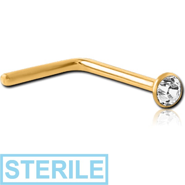 STERILE STERLING SILVER 925 GOLD PVD COATED JEWELLED 90 DEGREE NOSE STUD