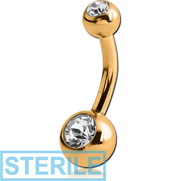 STERILE GOLD PVD COATED SURGICAL STEEL DOUBLE VALUE CRYSTAL MINI NAVEL BANANA