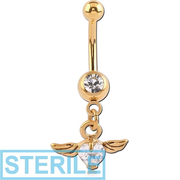 STERILE GOLD PVD COATED SURGICAL STEEL JEWELLED MINI NAVEL BANANA WITH WINGS HEART CHARM