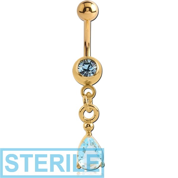 STERILE GOLD PVD COATED SURGICAL STEEL JEWELLED MINI NAVEL BANANA WITH PRONG SET PEAR CHARM