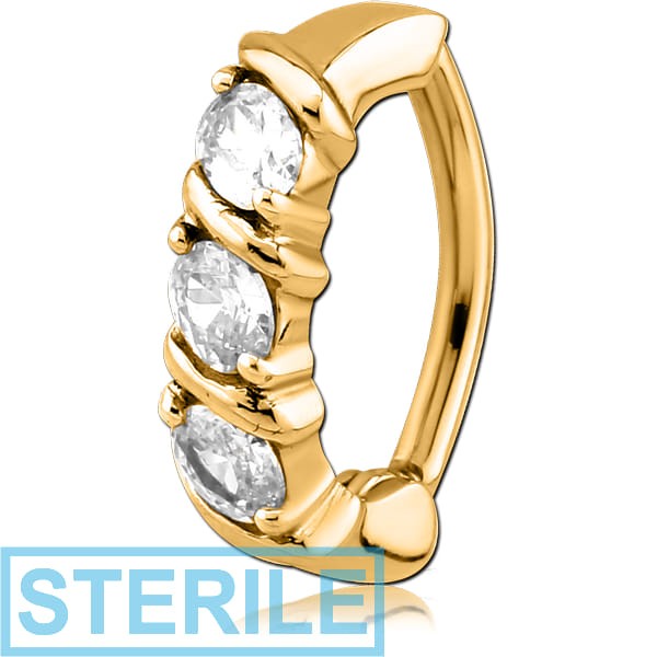 STERILE GOLD PVD COATED SURGICAL STEEL JEWELLED BELLY CLICKER - TRIPLE GEMS WITH LINES