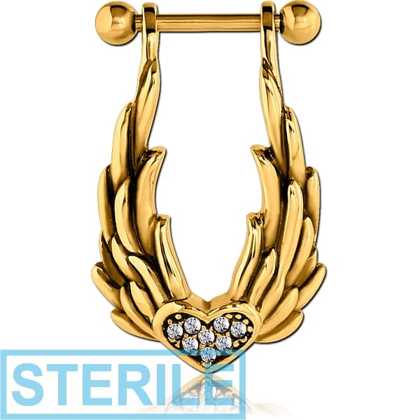 STERILE GOLD PVD COATED SURGICAL STEEL JEWELLED CARTILAGE SHIELD - HEART WITH WINGS