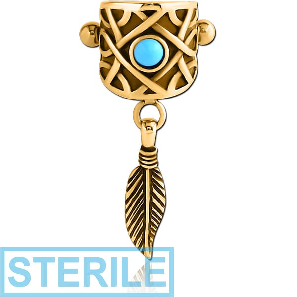 STERILE GOLD PVD COATED SURGICAL STEEL JEWELLED CARTILAGE SHIELD - DANGLING FEATHER