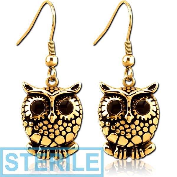 STERILE GOLD PVD COATED SURGICAL STEEL EARRINGS WITH ENAMEL - OWL