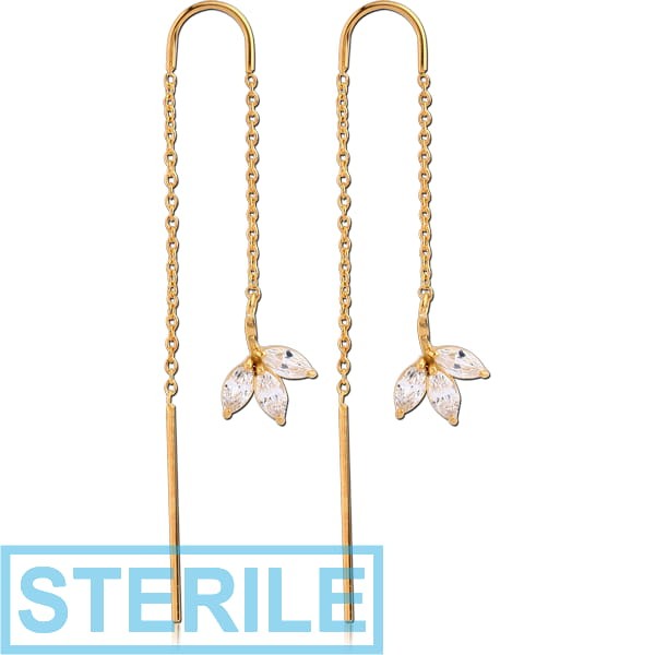 STERILE GOLD PVD COATED SURGICAL STEEL CHAIN JEWELLED EARRINGS PAIR - LEAF