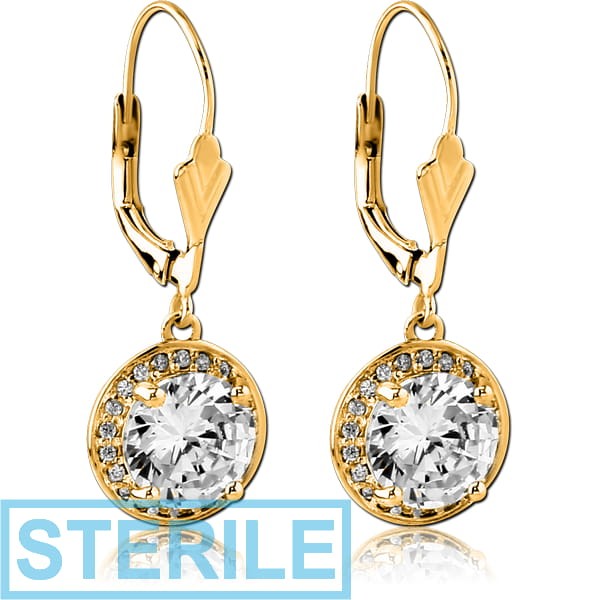 STERILE GOLD PVD COATED SURGICAL STEEL JEWELLED EARRINGS PAIR