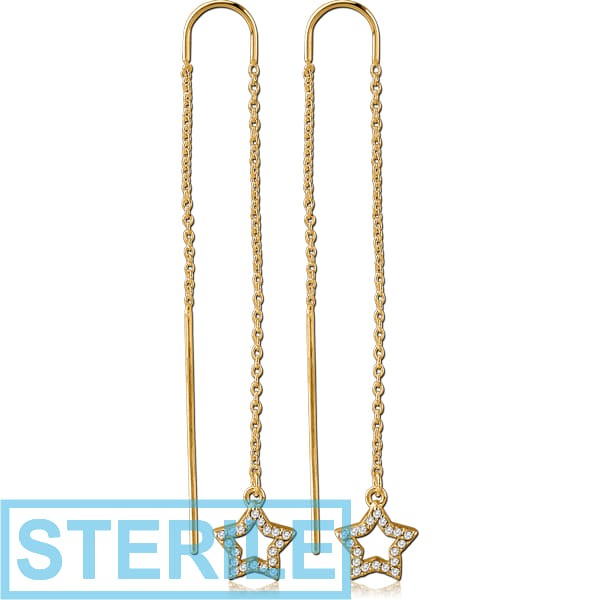 STERILE GOLD PVD COATED SURGICAL STEEL CHAIN JEWELLED EARRINGS PAIR - STAR