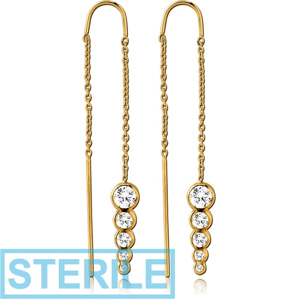 STERILE GOLD PVD COATED SURGICAL STEEL CHAIN JEWELLED EARRINGS PAIR - CIRCLES