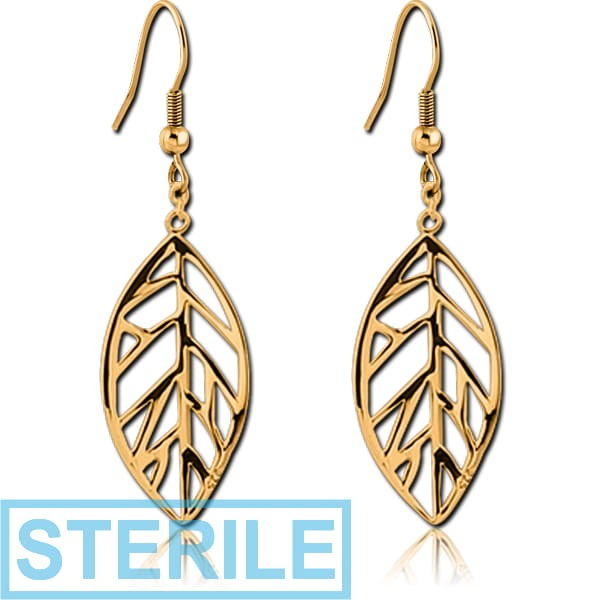STERILE GOLD PVD COATED SURGICAL STEEL EARRINGS PAIR - LEAF