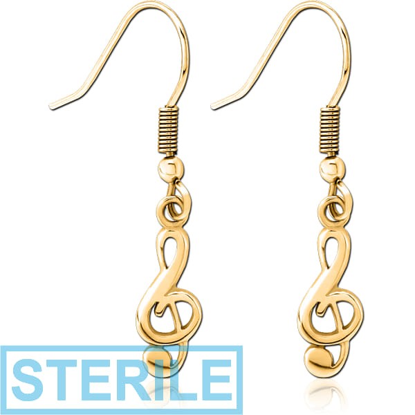 STERILE GOLD PVD COATED SURGICAL STEEL EARRINGS PAIR - MUSIC NOTE