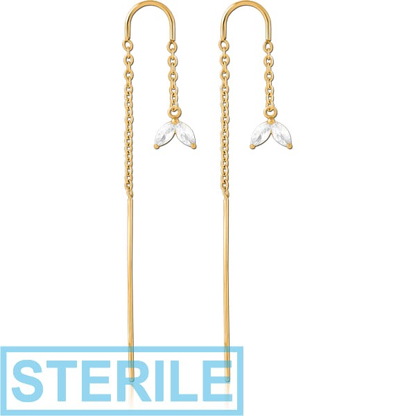 STERILE GOLD PVD COATED SURGICAL STEEL CHAIN JEWELLED EARRINGS PAIR