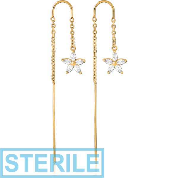 STERILE GOLD PVD COATED SURGICAL STEEL CHAIN JEWELLED EARRINGS PAIR