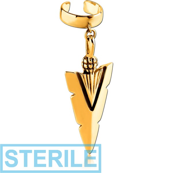 STERILE GOLD PVD COATED SURGICAL STEEL EAR CUFF - DANGLING ARROW HEAD