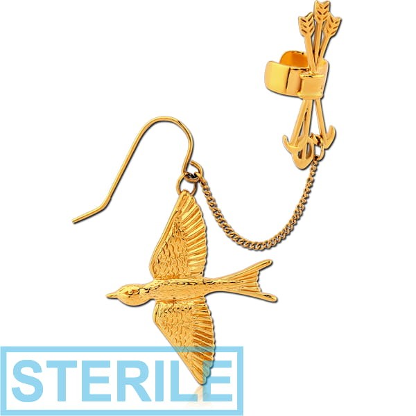STERILE GOLD PVD COATED SURGICAL STEEL EAR CUFF WITH CHAIN AND EARRING - BIRD