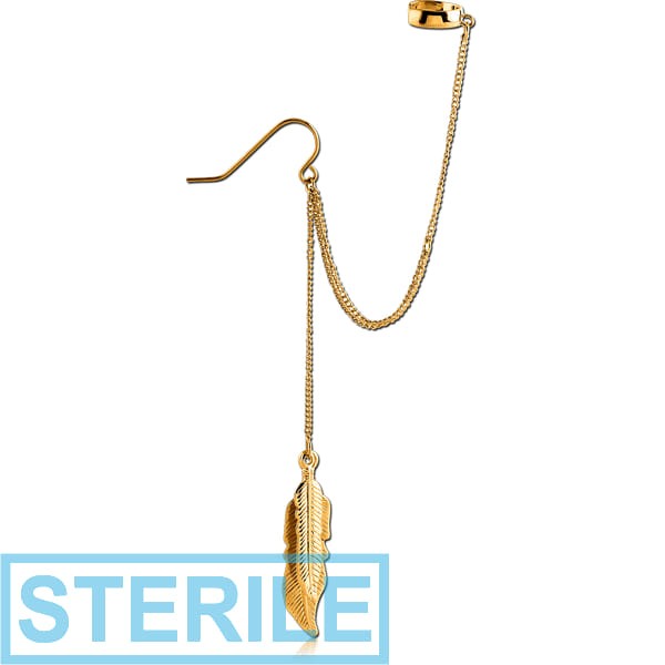 STERILE GOLD PVD COATED SURGICAL STEEL EAR CUFF WITH CHAIN AND EARRING - DANGLING FEATHER