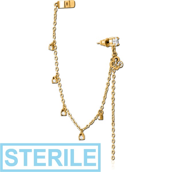 STERILE GOLD PVD COATED SURGICAL SURGICAL STEEL JEWELLED EAR CUFF - HEART AND LOCK