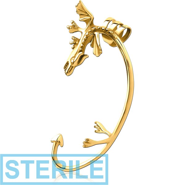 STERILE GOLD PVD COATED SURGICAL STEEL EAR CUFF - LEFT - DRAGON