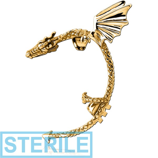 STERILE GOLD PVD COATED SURGICAL STEEL EAR CUFF - LEFT - DRAGON