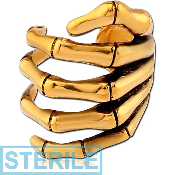 STERILE GOLD PVD COATED SURGICAL STEEL EAR CUFF - SKELETON HAND