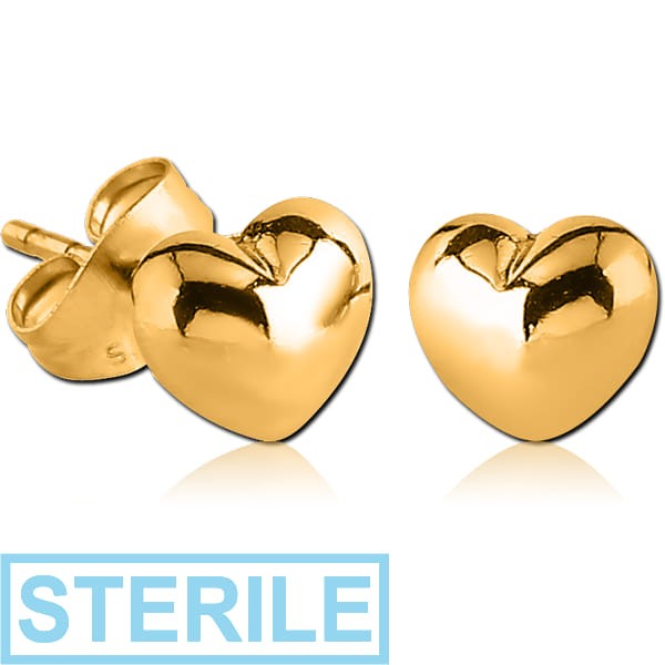 STERILE GOLD PVD COATED SURGICAL STEEL EAR STUDS PAIR - HEART