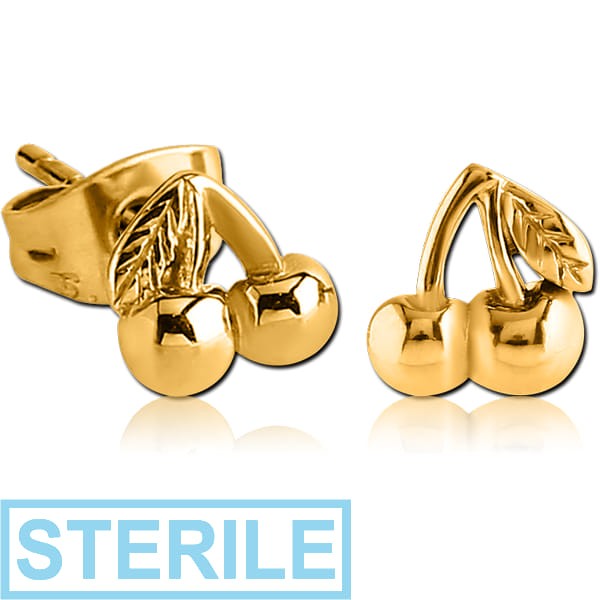 STERILE GOLD PVD COATED SURGICAL STEEL EAR STUDS PAIR - CHERRY