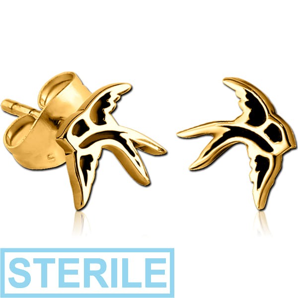 STERILE GOLD PVD COATED SURGICAL STEEL EAR STUDS PAIR - BIRD