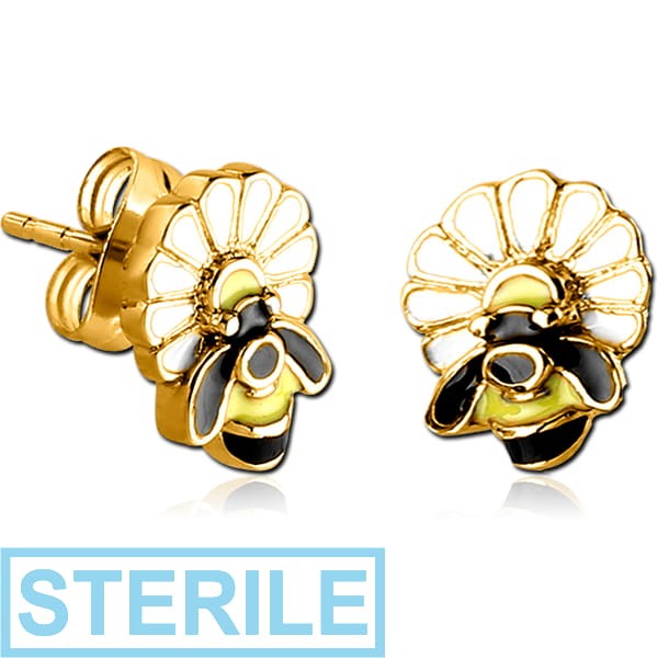 STERILE GOLD PVD COATED SURGICAL STEEL EAR STUDS PAIR - BEE ON FLOWER