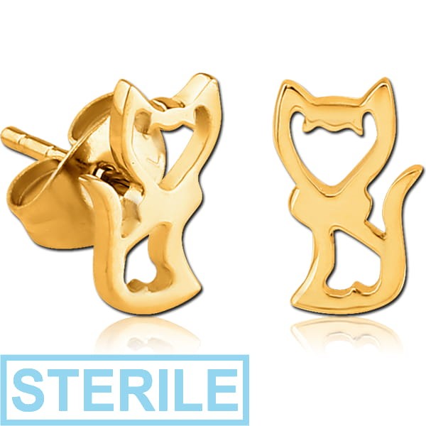 STERILE GOLD PVD COATED SURGICAL STEEL EAR STUDS PAIR - KITTY
