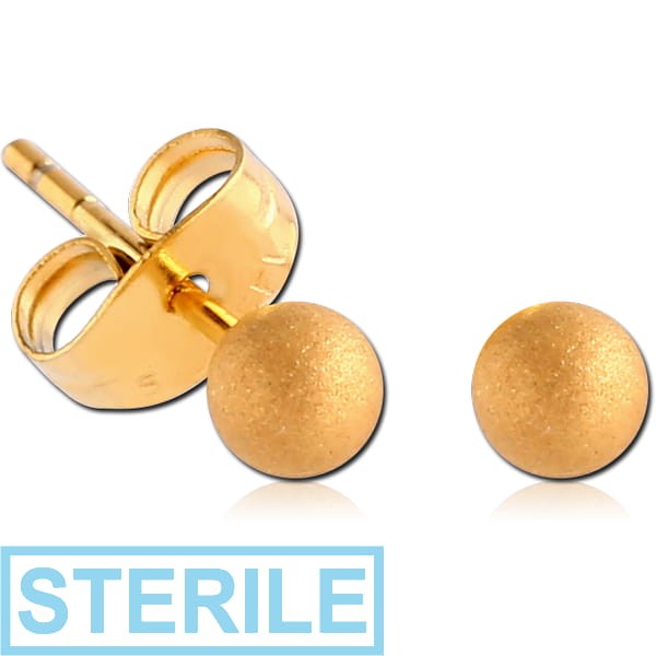 STERILE GOLD PVD COATED SURGICAL STEEL EAR STUDS PAIR - SANDBLAST BALL 3MM