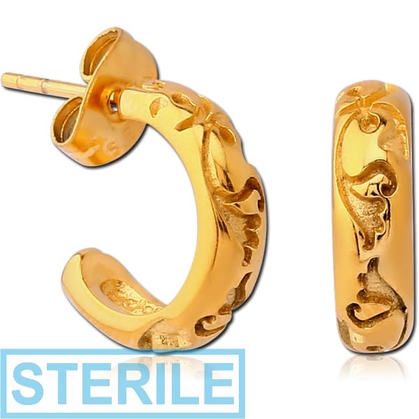 STERILE GOLD PVD COATED SURGICAL STEEL EAR STUDS PAIR - HOOP FILIGREE