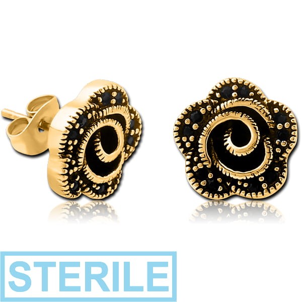 STERILE GOLD PVD COATED SURGICAL STEEL JEWELLED EAR STUDS - FLOWER