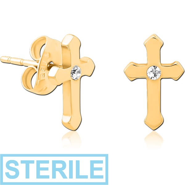 STERILE GOLD PVD COATED SURGICAL STEEL JEWELLED EAR STUDS - CROSS