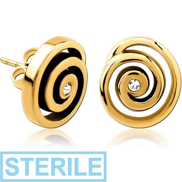 STERILE GOLD PVD COATED SURGICAL STEEL JEWELLED EAR STUDS PAIR - SPIRAL